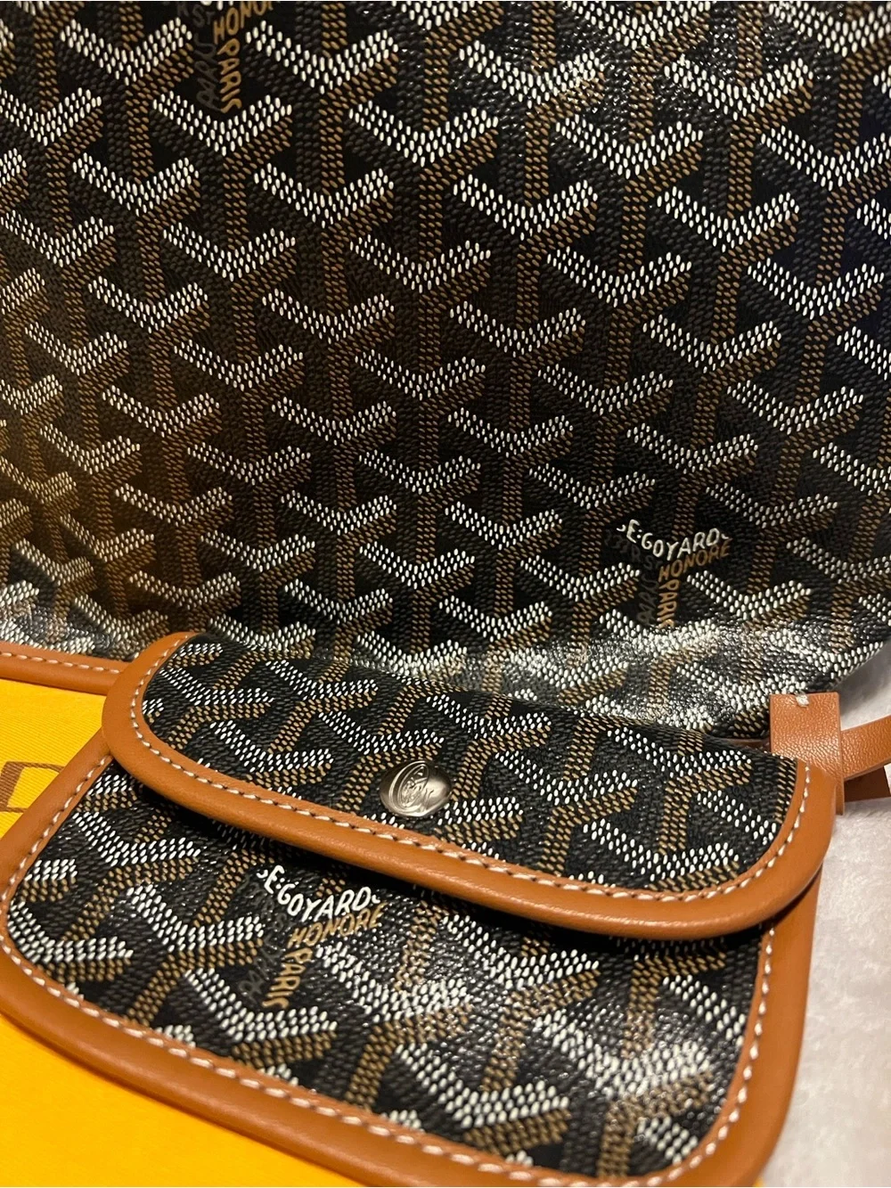 Goyard-Style Black & Tan Canvas Tote with Matching Pouch